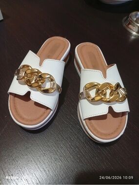 White Slide Sandals with Gold Chain Accent